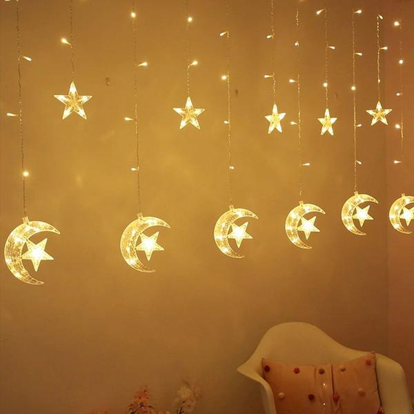 Imagem de Pisca Pisca Lua Estrelas 138 LED Branco Quente Cortina Cascata Decoracao Janela Parede Natal Casamento Jardim Quarto