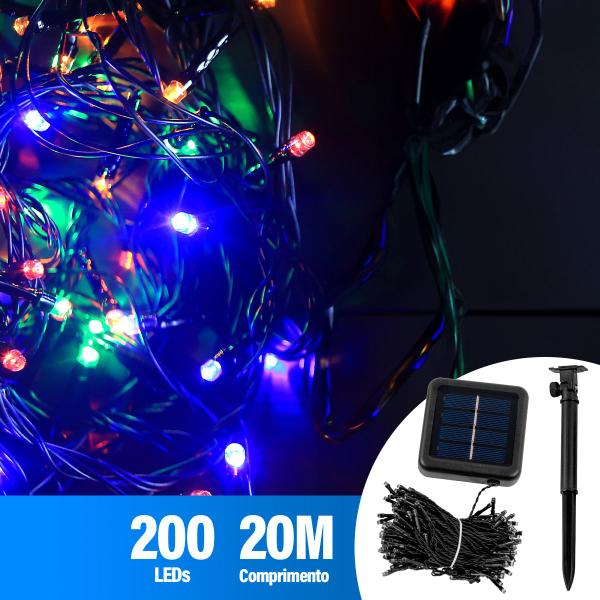 Imagem de Pisca Pisca Natal Led 200 Lâmpadas Colorida ou Dourado Solar 20m 8 Modos Decoração Enfeite Luzes Externa Jardim