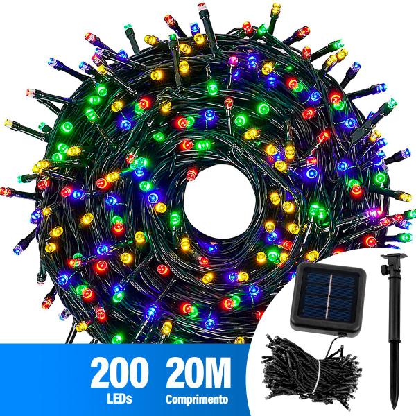 Imagem de Pisca Pisca Natal Led 200 Lâmpadas Colorida ou Dourado Solar 20m 8 Modos Decoração Enfeite Luzes Externa Jardim Quintal Garagem