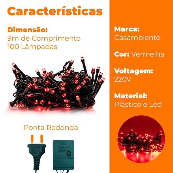 Imagem de Pisca Pisca Natal Led Vermelho 100 Lâmpadas 220V Casambiente