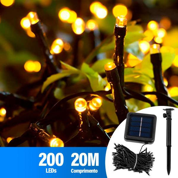 Imagem de Pisca Pisca Natal Solar Led 200 Lâmpadas Colorida ou Dourado 20m 8 Modos Decoração Enfeite Luzes Externa Jardim