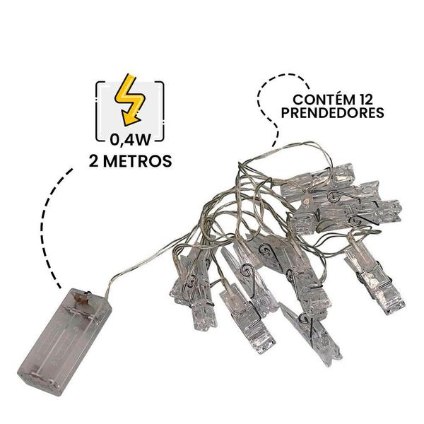Imagem de Pisca Pisca Prendedor com 12 Prendedores de LED 2 Metros - Branco Quente à Pilha