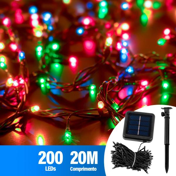 Imagem de Pisca Pisca Solar Enfeite Decoração Natal Jardim Quintal Garagem Externo Solar Led 200 Lâmpadas Colorido ou Dourado 20m 8 Modos