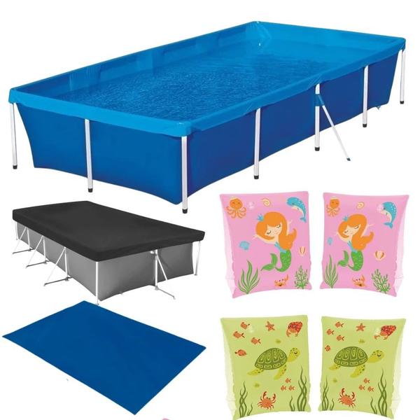 Imagem de Piscina 3000 Lts + Capa e Forro + 2 Pares de Boias de Braco Rosa e Verde  Kit 