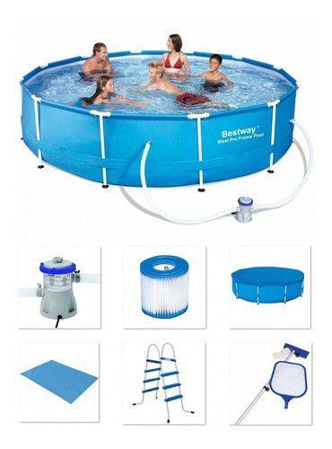 Imagem de Piscina Bestway 6473 Litros Standard com Bomba Filtro 3785 LH 220v Capa Forro Kit de Limpeza e Escada