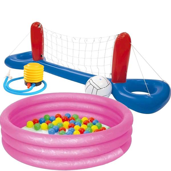 Imagem de Piscina Bolinhas Infantil 80 Litros Rosa Banheira Bebe Menina r80 Rede Voleibol Inflavel Praia Volei 2,44 metros Com Bola Inflador