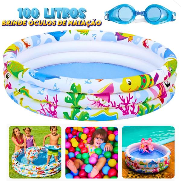 Imagem de Piscina Criança Infantil Inflável Estampada Fundo Do Mar 100 Litros+Óculos de Natação