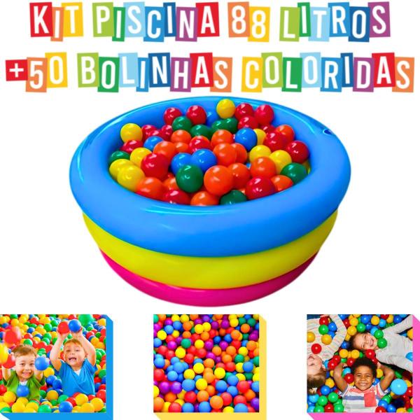 Imagem de Piscina Infantil 88 Litros Criança Inflável 3 Anéis Com 50 Bolinhas Coloridas