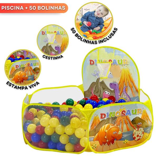 Imagem de Piscina Infantil de Bolinha com 50 Bolinhas Coloridas Estampada de Dinossauro Dobrável Portátil 