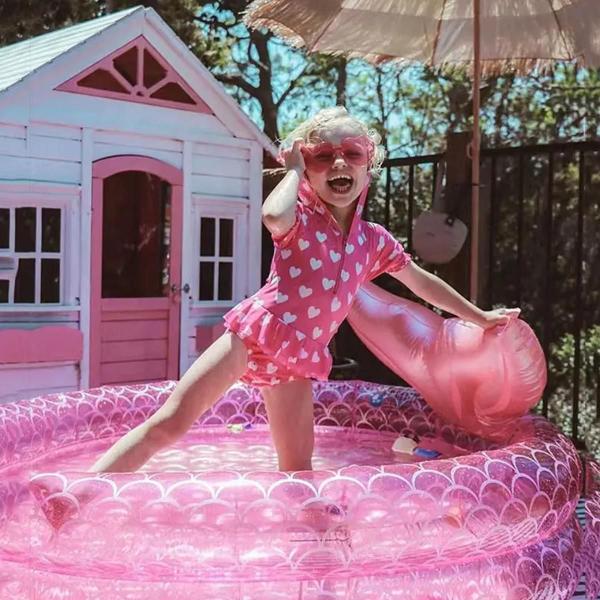 Imagem de Piscina Infantil Inflável Redonda Bebê Menina Sereia 120L Rosa