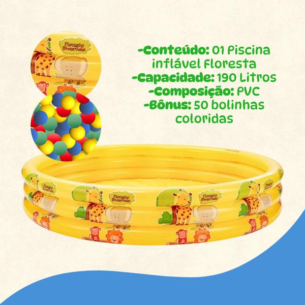 Imagem de Piscina Inflável 190L Estampas 3 Anéis + 50 Bolinhas Cores  Divertida e Segura