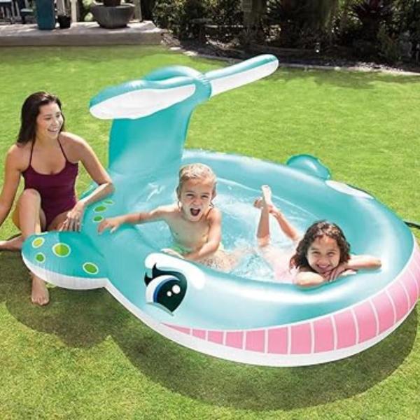 Imagem de Piscina inflável baleia gigante intex com spray 200l 201x196x91cm + bomba de ar manual