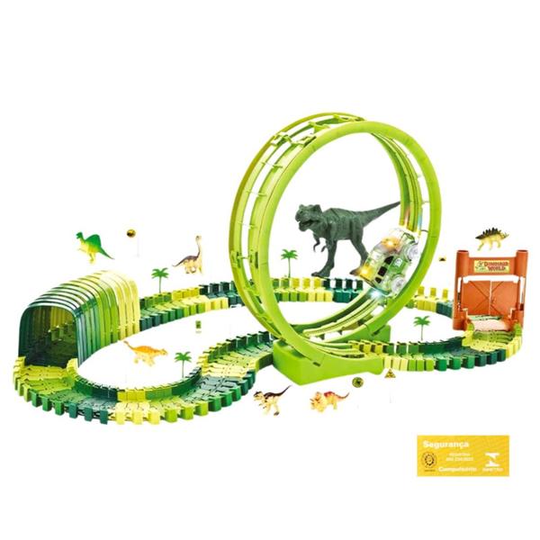 Imagem de Pista Dinossauro Track com Looping e Acessorios 119 Pecas DM Toys Carrinho com Luz 7 Mini Dinos