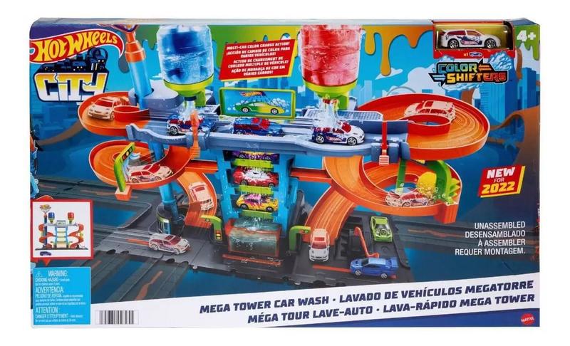 Imagem de Pista Hot Wheels City Super Lava Rápido Mega Torre Lava Jato Car Wash - Com 1 carrinho muda cor  Mattel