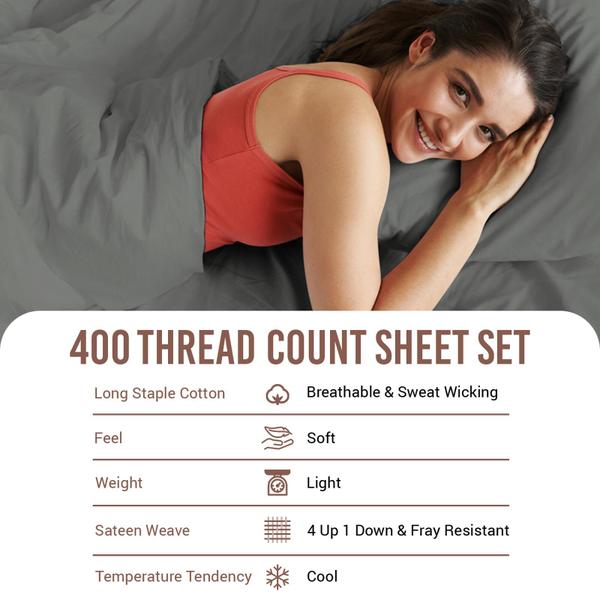 Imagem de Pizuna 400 Thread Count Queen Cotton Sheets Set Cinza Escuro, 100% Long Staple Cotton Soft Sateen Bed Sheets Deep Pockets cabem até 15 "(100 Cotton Sheets Queen Dark Gray)