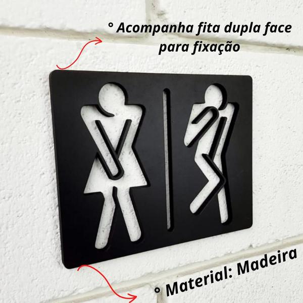 Imagem de Placa Banheiro Vazada Feita De Madeira MDF Segura Xixi Aviso Engraçada Cor Preta