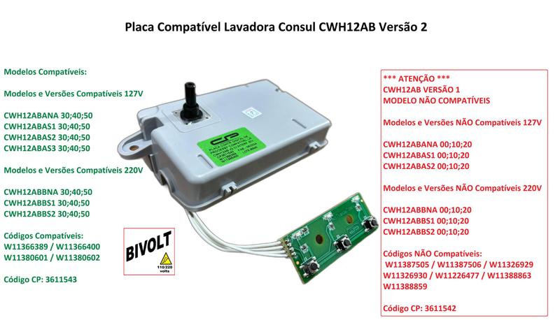 Placa Compatível Lavadora Consul 12kg Cwh12ab Versão 2 Bivolt Cp - CP Placas Eletrônicas Imagem de Placa Compatível Lavadora Consul 12kg Cwh12ab Versão 2 Bivolt Cp