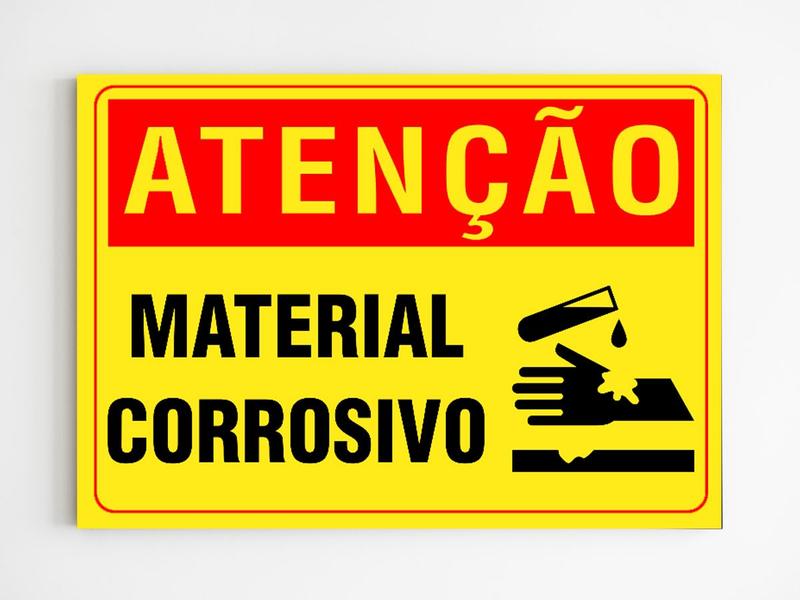 Imagem de Placa de aviso atenção material corrosivo sinalização mdf a4