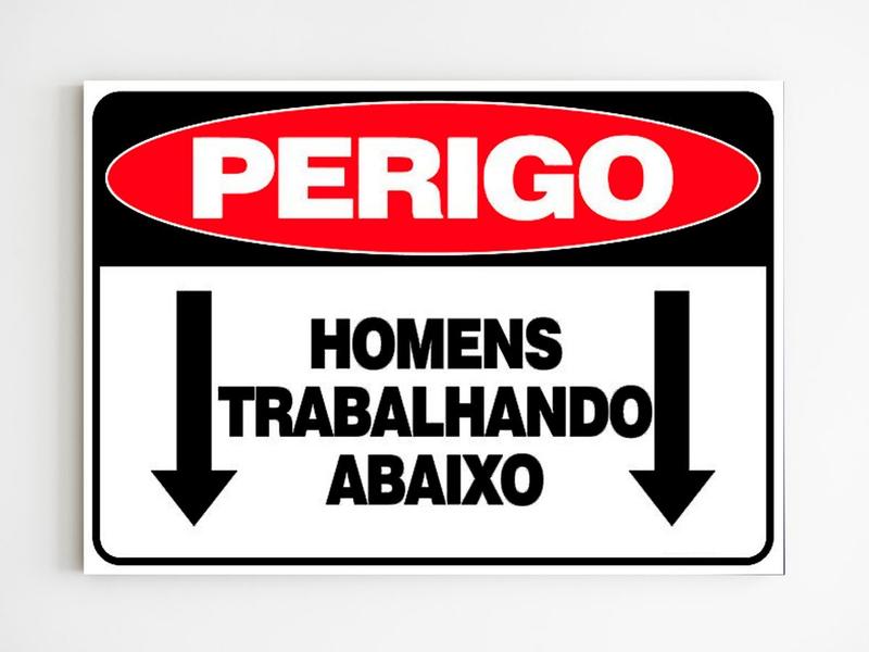 Imagem de Placa de aviso perigo homens trabalhando abaixo obra mdf A4