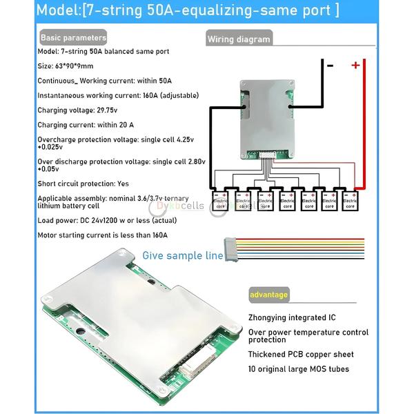 Imagem de Placa de Proteção de Bateria 24V Li-ion/LifePo4 BMS - 6S/7S/8S 50A/100A/130A para Ferramentas Elétricas