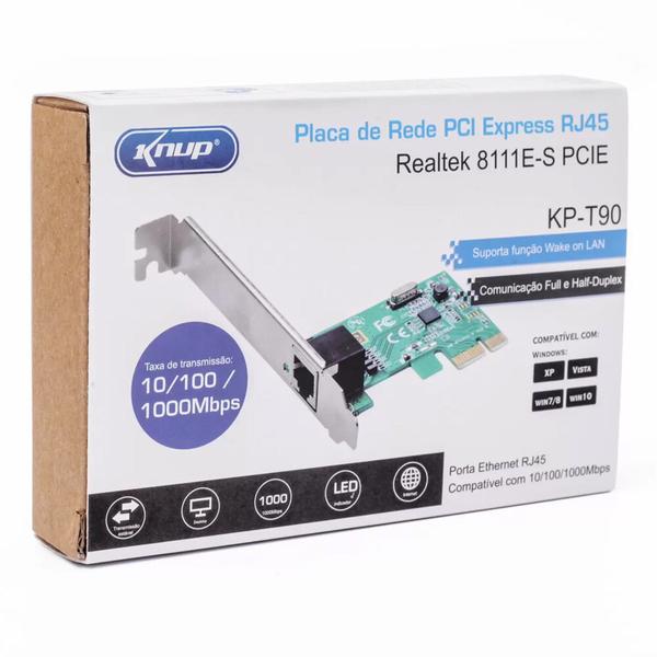 Imagem de Placa de Rede PCI-express Conexão RJ45 10/100/1000 Mbps para PC Knup - KP-T90B