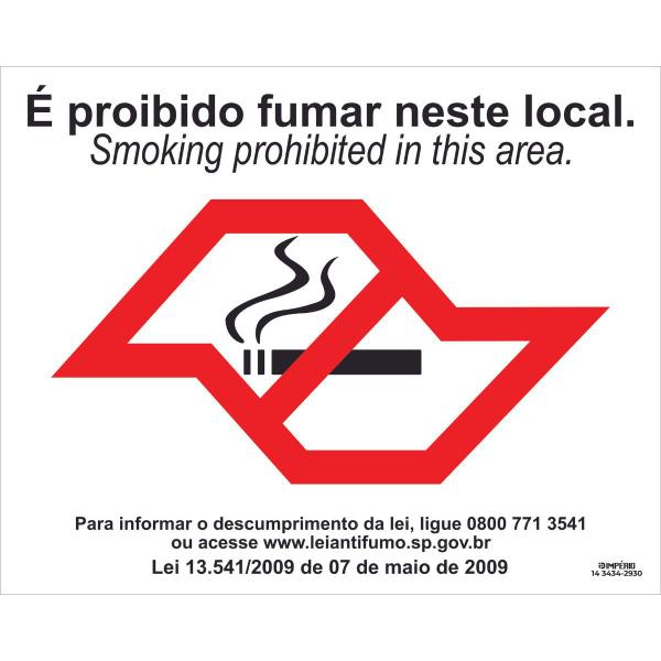 Imagem de Placa de Sinalização Aviso Proibido Fumar SP Lei Nº 13541