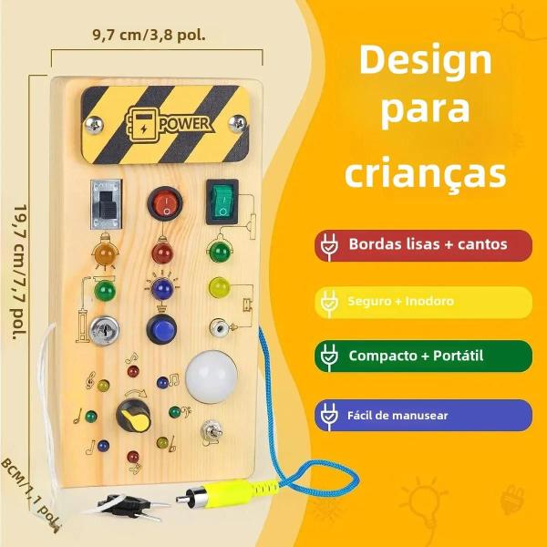 Imagem de Placa de Treinamento Sensorial Montessori de Madeira com Luzes LED e Controle de Interruptor