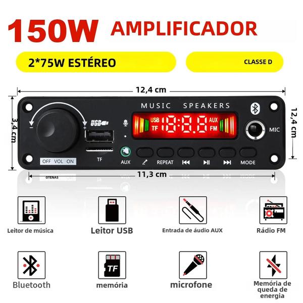 Imagem de Placa Decodificadora MP3 Bluetooth 5.0 com Amplificador 2x75W 12V - Faça Você Mesmo