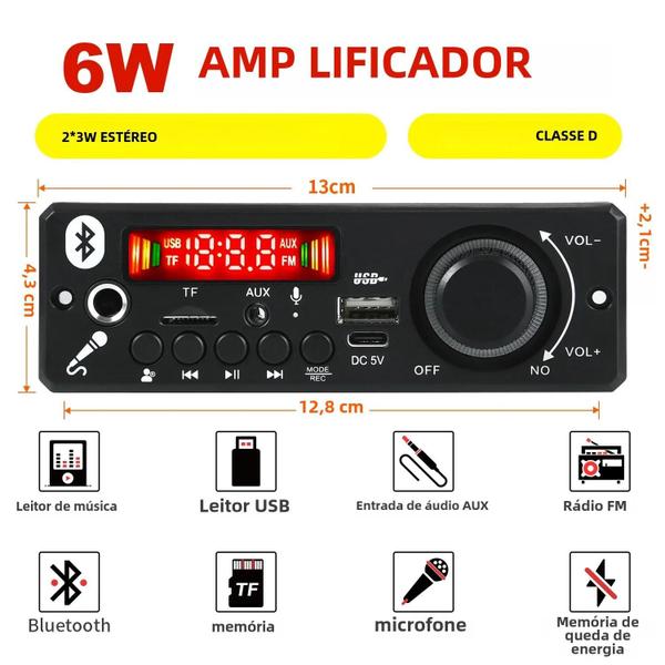 Imagem de Placa Decodificadora MP3 Bluetooth 5.0 com Amplificador de 6W - Entrada USB, TF e FM