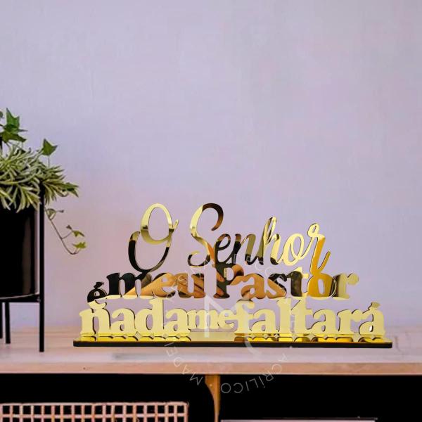 Imagem de Placa Decorativa - MDF + Acrílico Espelhado Dourado de Mesa Base Sala