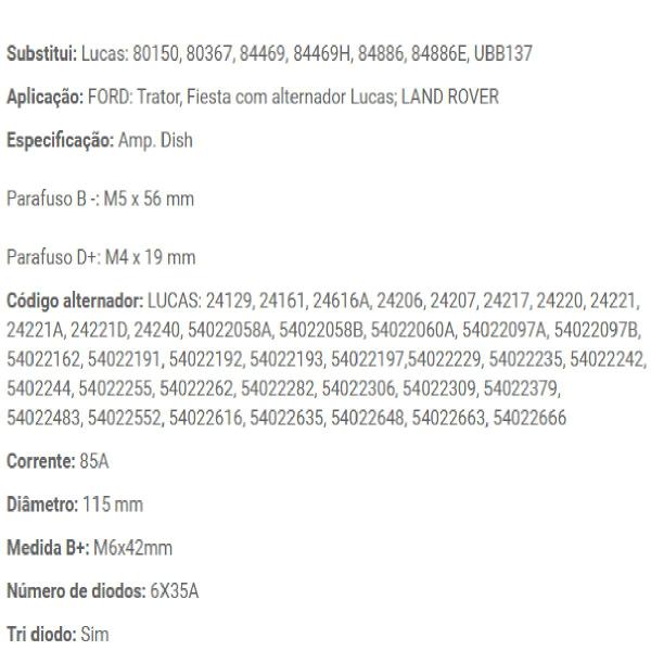 Imagem de Placa Diodo Conjunto Retificador 85A Diodos 6X35A Fiesta 80150 80367 84469 84469H 84886 84886E Ubb137 Diodos 6X35 Amp. Dish Com Trio Diodo Ext 115 Mm 