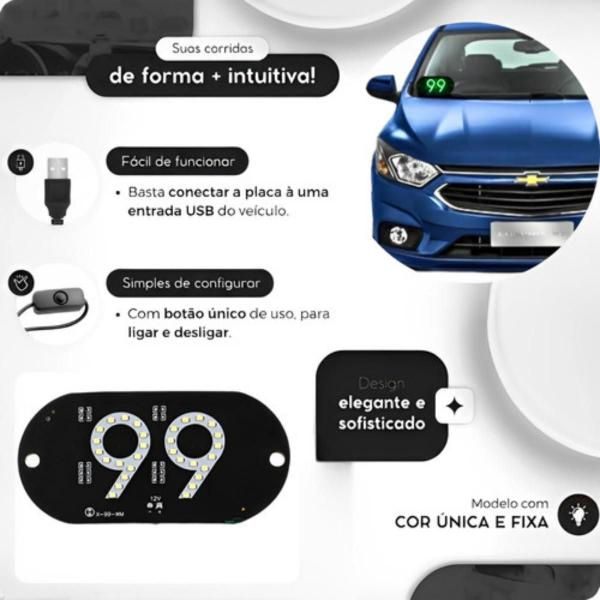 Imagem de Placa Identificação Painel Led Letreiro 99 Ub Luminoso Carro Suporte Lâmpada Ventosa Sinalização Para-brisa 