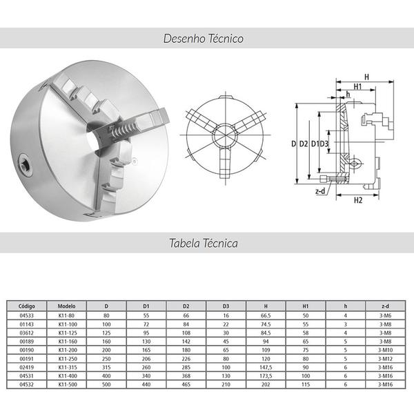 Imagem de Placa p/ Torno com 3 castanhas Universal 125mm + 200mm - 3 peças