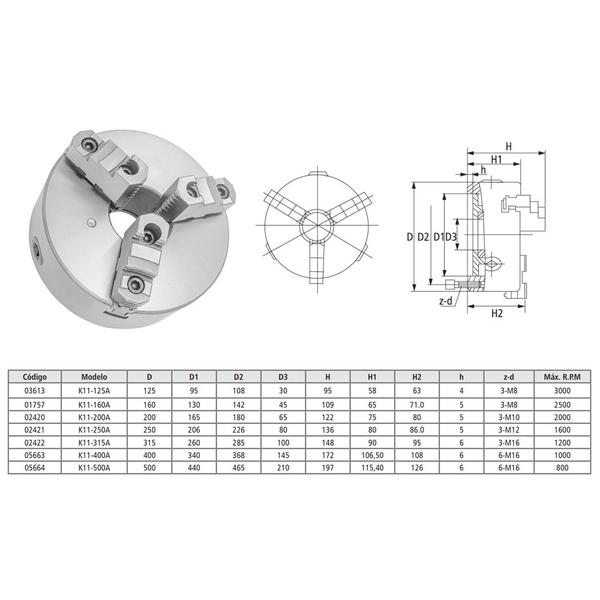 Imagem de Placa Para Torno Universal 315mm/12- 3 Castanhas Reversíveis