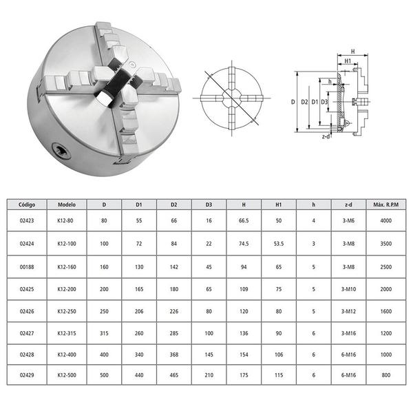 Imagem de Placa Para Torno Universal Med. 200mm/8' - 4 Castanhas