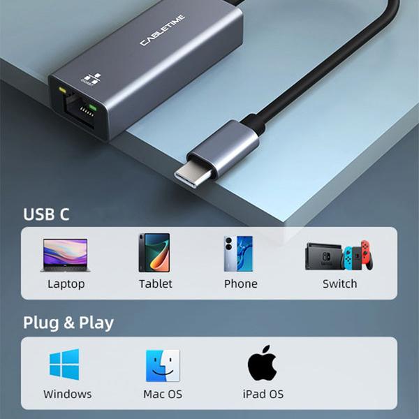 Imagem de Placa Rede Usb C 3.0 Rj45 GigaBit 1Gbps Ethernet CableTime