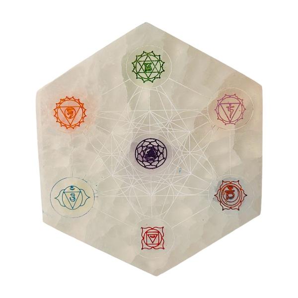 Imagem de Placa Selenita Hexagonal Grande Metatron Com Chakras 14cm