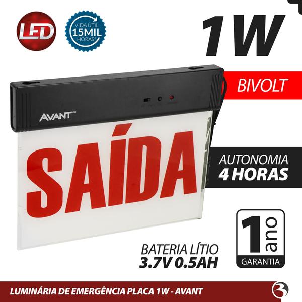 Imagem de Placa Sinalização Saída Vermelha 40lm 1w Bivolt 2lados 6000k - Avant