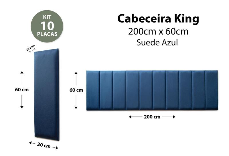 Imagem de Placas Cabeceira Modulada Adesiva King Estofada Suede Azul - 200cm x 60cm Kit 10 Placas