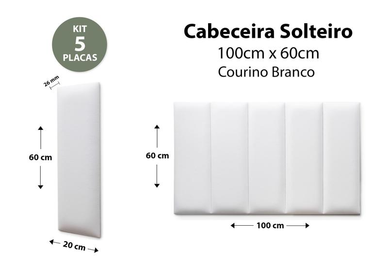 Imagem de Placas Cabeceira Modulada Adesiva Solteiro Estofada Sintético Branco - 100cm x 60cm Kit 5 Placas