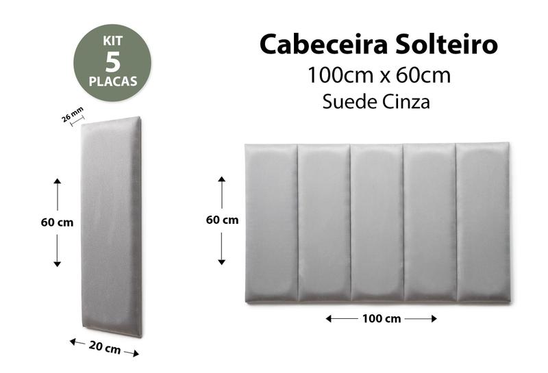 Imagem de Placas Cabeceira Modulada Adesiva Solteiro Estofada Suede Cinza - 100cm x 60cm Kit 5 Placas