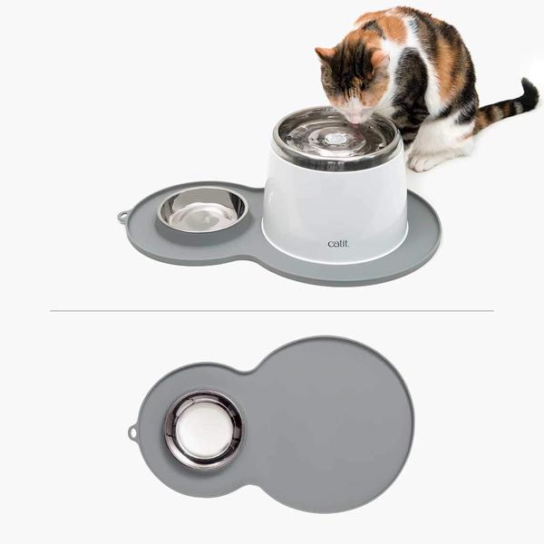 Imagem de Placemat Cat Catit em forma de amendoim cinza com tigela de aço inoxidável