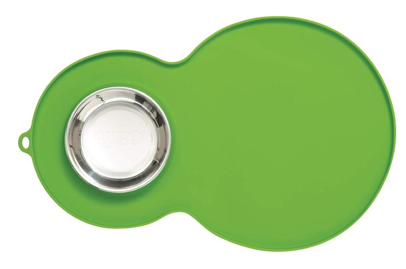 Imagem de Placemat Cat Catit em forma de amendoim verde com tigela de aço inoxidável