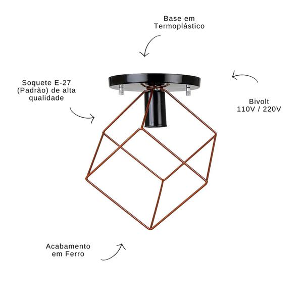 Imagem de Plafon Aramado Pequeno Cubo Ferro Luminária Preto Branco Cobre Soquete E27