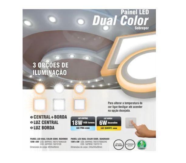 Imagem de Plafon De Led Duas Cores Sobrepor Quadrado 18w + 6w Taschibra