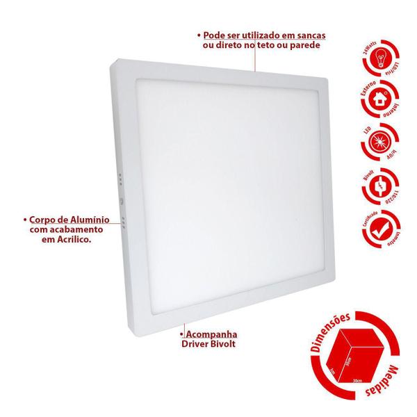 Imagem de Plafon De Led Sobrepor Quadrado 24w Branca 6000k 30x30 - Kit 03 unidades