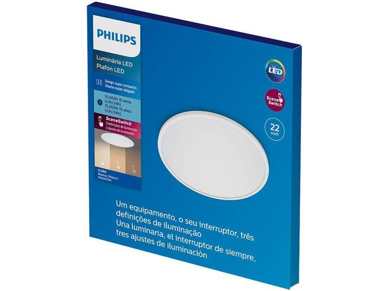 Imagem de Plafon de Sobrepor Redondo Branco com Lâmpada - Integrada LED 22W Philips CL550 Super Slim