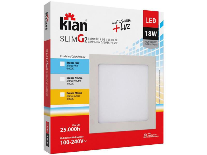 Imagem de Plafon LED de Sobrepor Quadrado 18W Kian - G2 Slim Branco