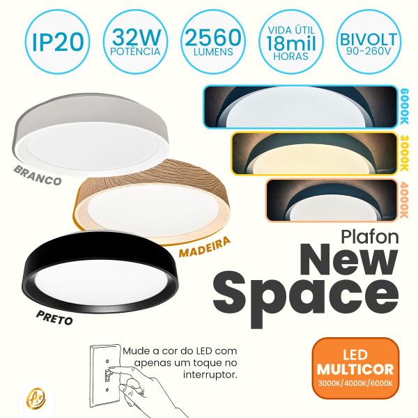 Imagem de Plafon New Space Led Multicor 32W Ø38cm Preto / Madeira / Branco