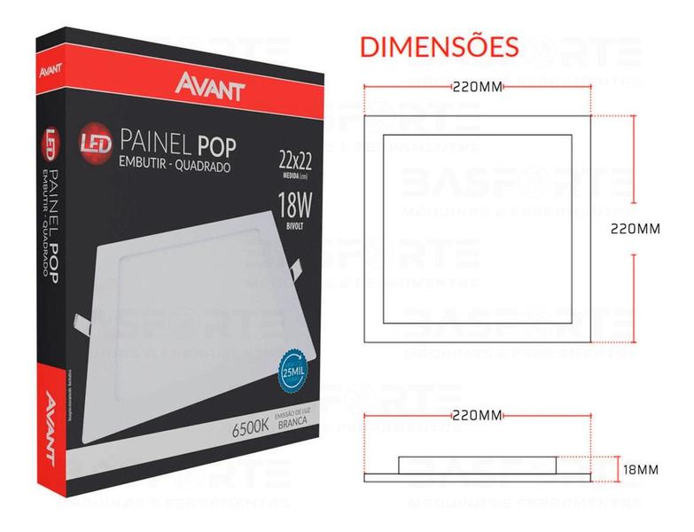 Imagem de Plafon Painel Led Pop 18w Embutir Quadrado Branco Frio 6500k Bivolt 22x22 Avant